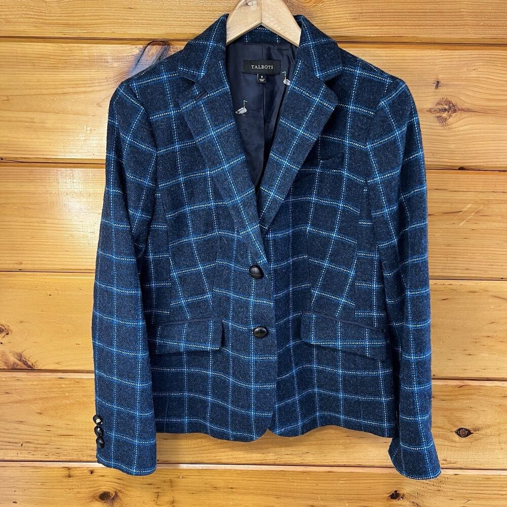 Talbots Wool Blend Plaid Navy Blue Blazer Size 8 Long Sleeve Lined Work Jacket